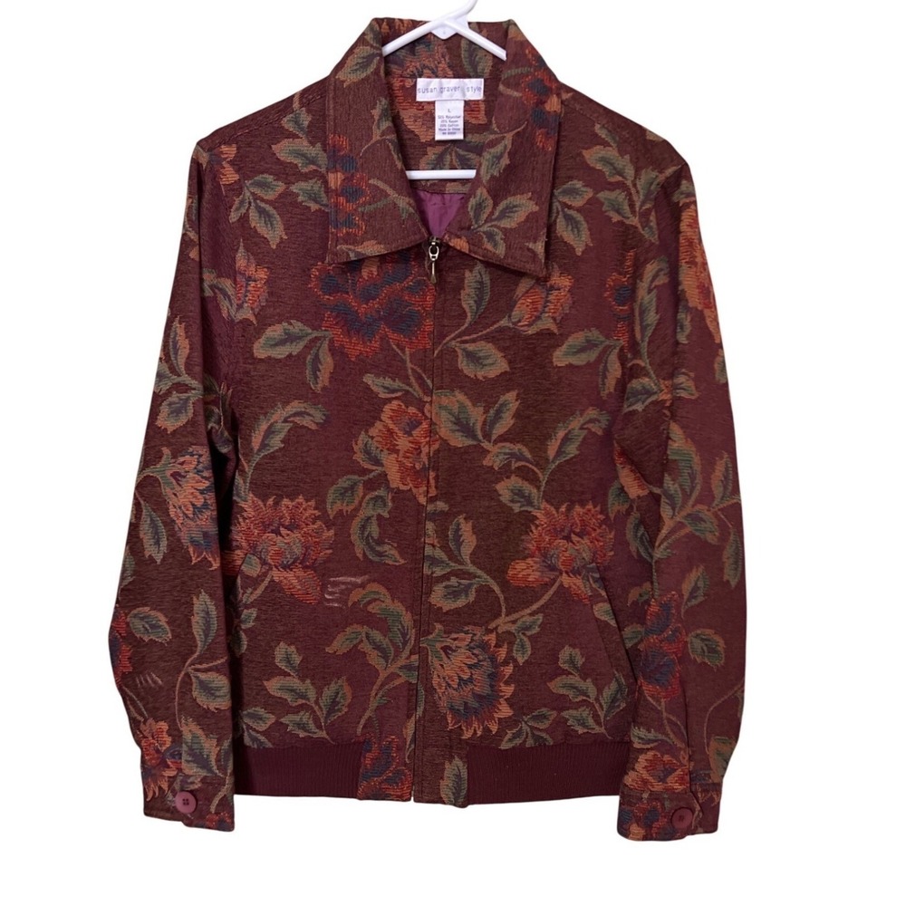 Susan Graver Style Floral Jacket Large Zip Front Burgundy Ribbed Hem & Cuffs
